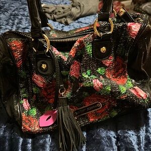 Betsey Johnson Black and Red Satchel with Metallic Accents
